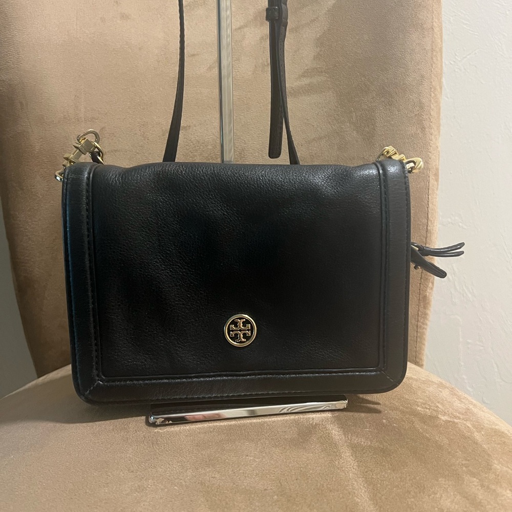 Tory Burch Black Soft Pebbled Crossbody Bag with Gold Accents
